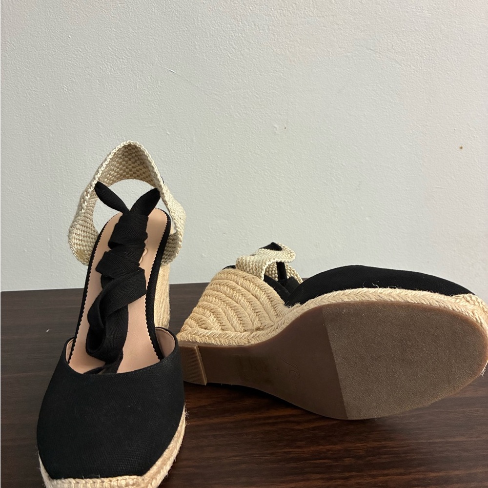 J. Crew Black and Cream Canvas Espadrille Wedges - Picture 5 of 5